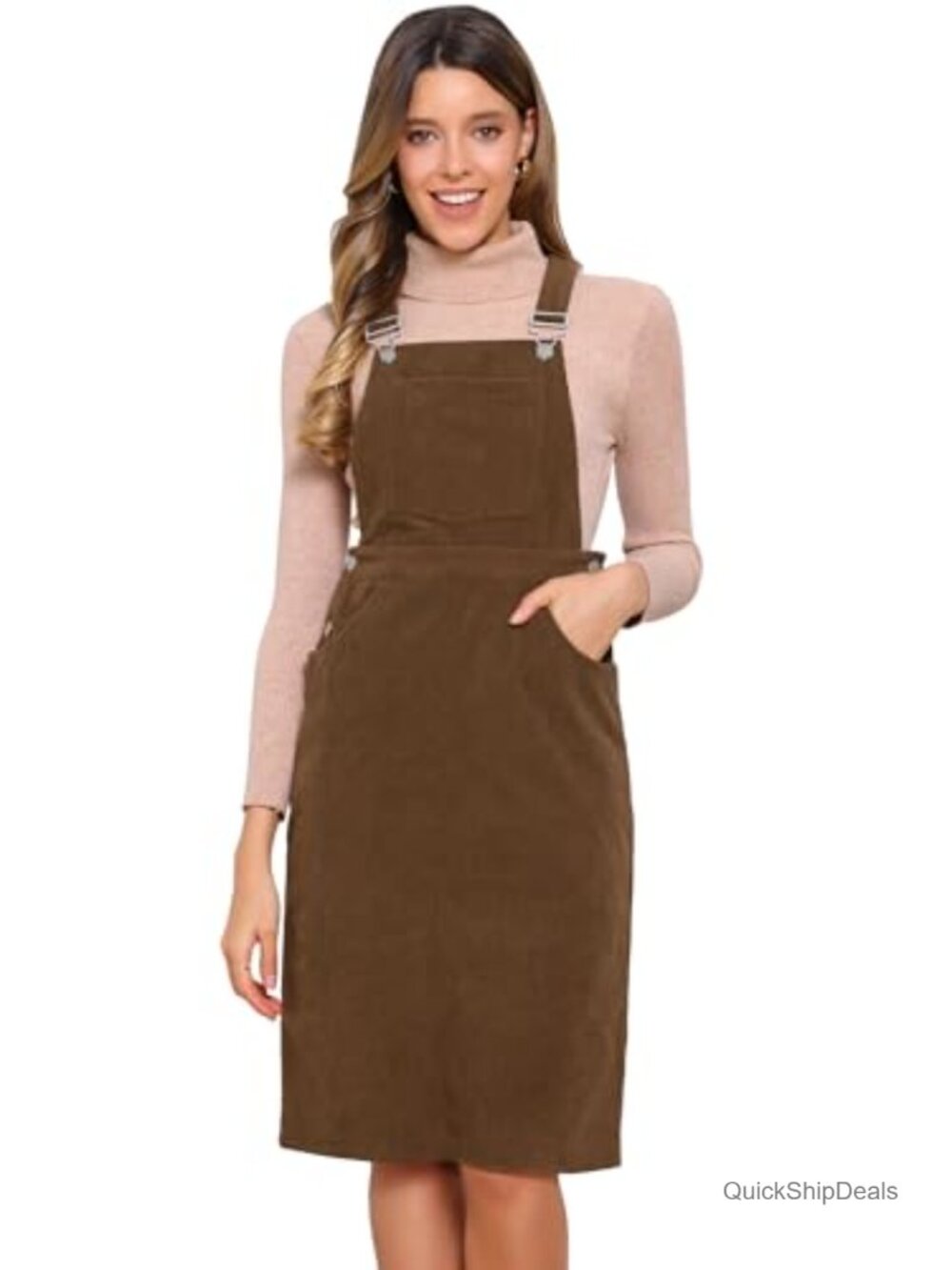 Corduroy Overall Dress Midi Adjustable Straps Pockets Square Neck Pinafore